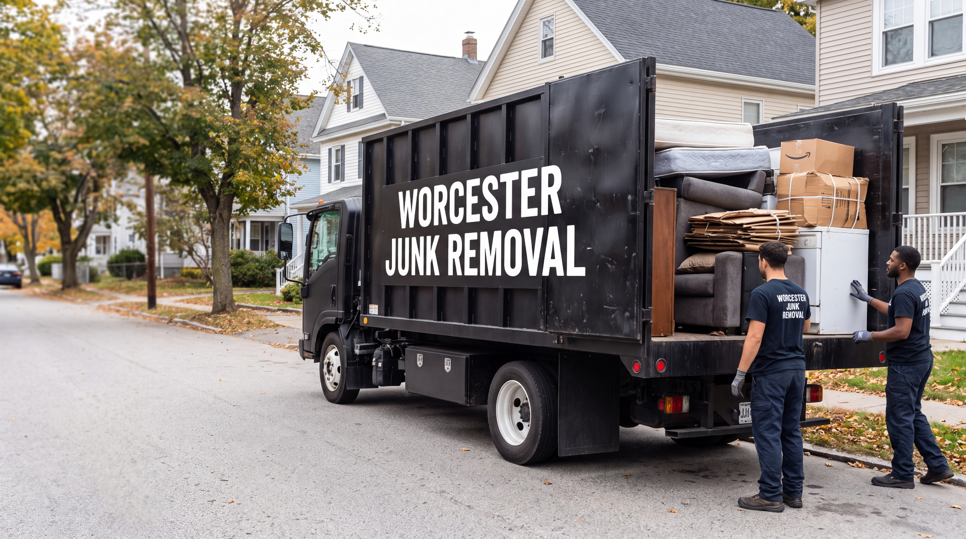 Junk Removal Framingham MA — Worcester Junk Removal crew and truck Worcester Junk Removal branded truck and uniformed crew on a MetroWest residential job in Framingham, Massachusetts