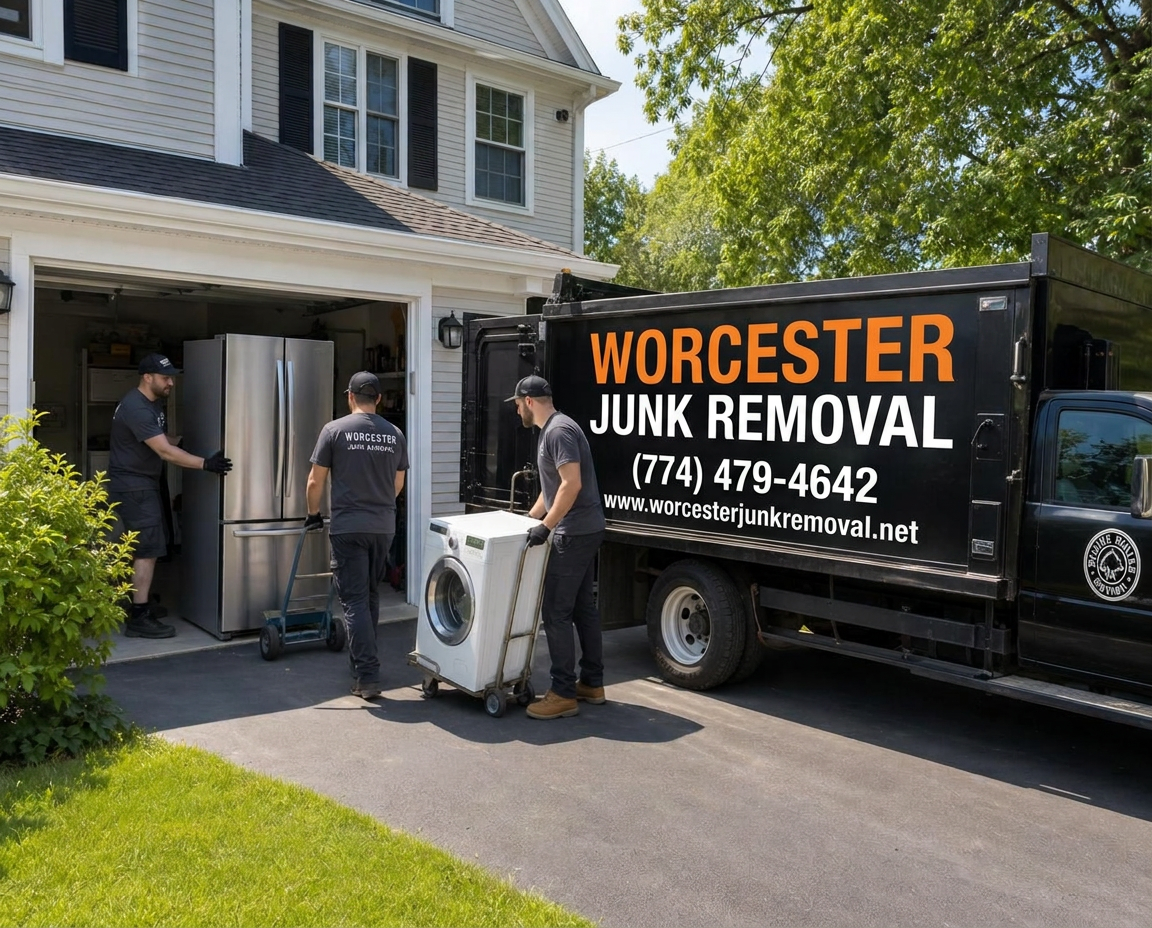 Appliance removal Framingham MA Worcester Junk Removal crew loading a refrigerator into a branded truck at a Framingham home