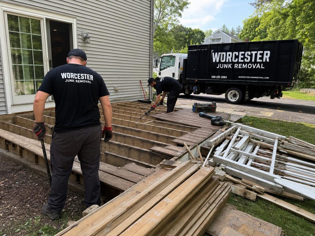 Light demolition Holden MA Worcester Junk Removal crew demolishing an old backyard deck at a home in Holden, Massachusetts