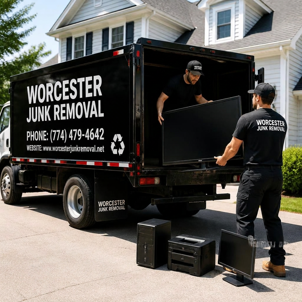 Uniformed Worcester Junk Removal crew loading a flat-screen TV, desktop computer, monitor and printer into a branded truck
