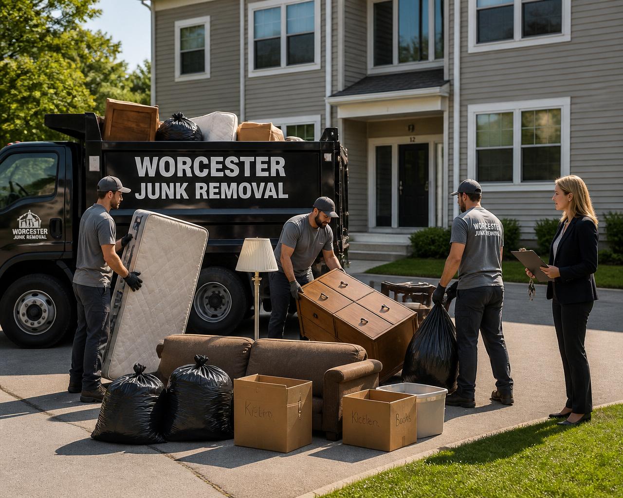 Foreclosure cleanouts Newton MA Worcester Junk Removal crew performing a foreclosure trash-out at a Newton MA property