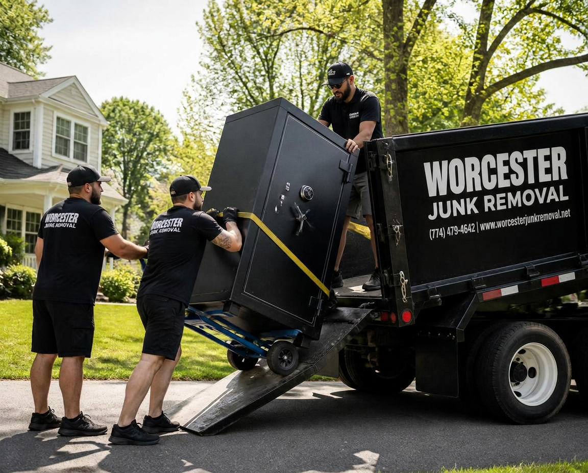 Yard waste removal Framingham MA Yard waste and storm debris being loaded into a branded truck at a Framingham home