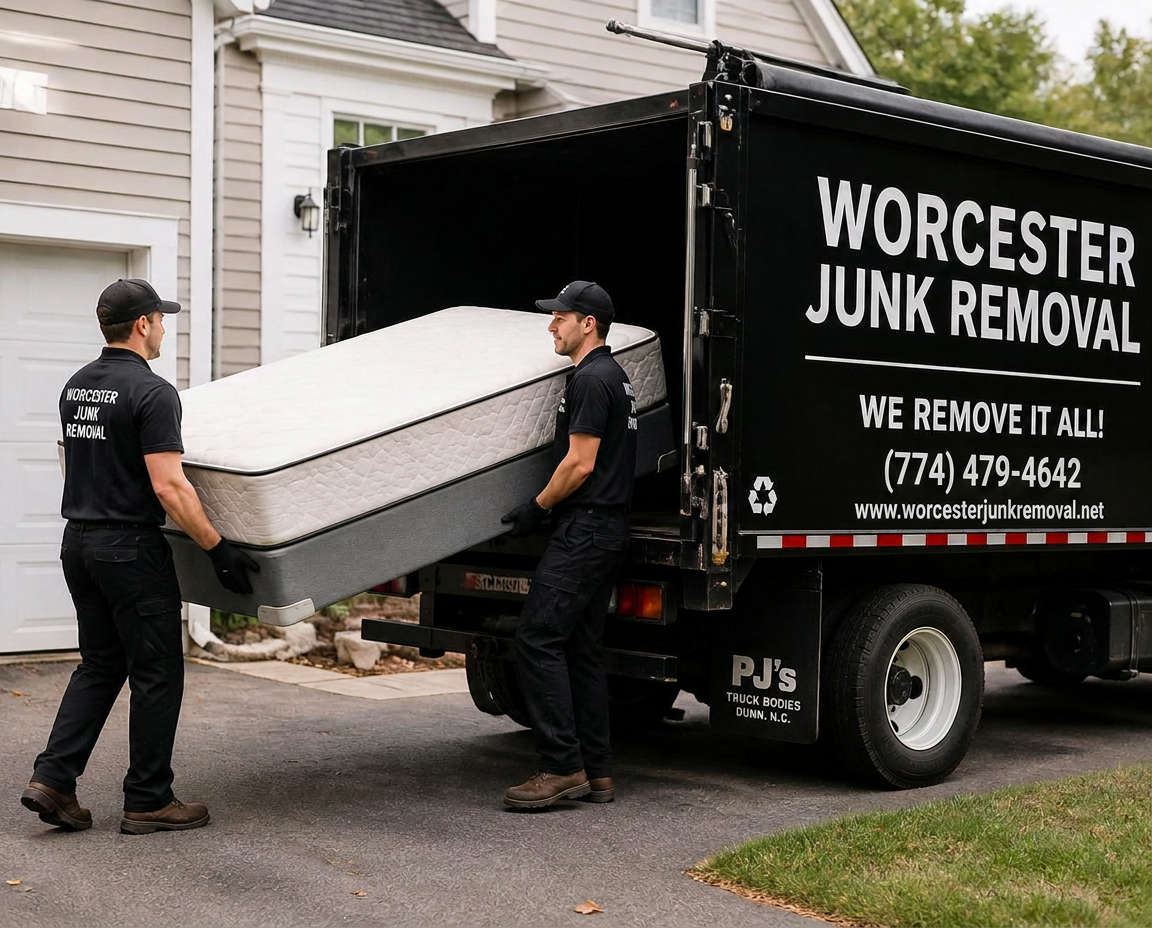 Furniture removal Framingham MA Uniformed crew carrying a sofa out of a Framingham home into a branded Worcester Junk Removal truck