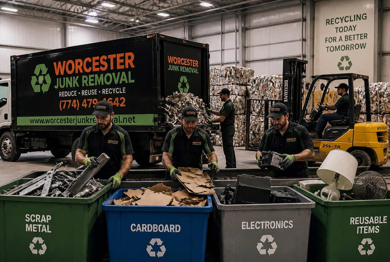 Responsible disposal for Framingham MA junk removal jobs Worcester Junk Removal crew sorting recyclable materials from Framingham MA jobs at a transfer facility