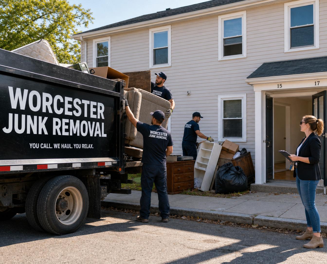 Property management cleanouts Newton MA Worcester Junk Removal crew handling a rental turnover for a Newton property manager
